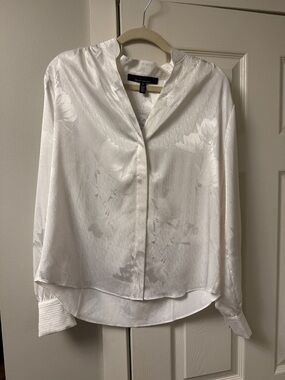 WHBM Ivory Satin Floral Zip-Front Blouse